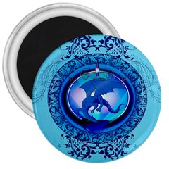 The Blue Dragpn On A Round Button With Floral Elements 3  Magnets