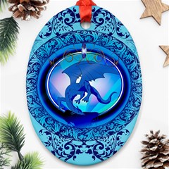 The Blue Dragpn On A Round Button With Floral Elements Ornament (oval) 