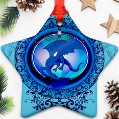 The Blue Dragpn On A Round Button With Floral Elements Ornament (star)  by FantasyWorld7