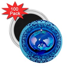 The Blue Dragpn On A Round Button With Floral Elements 2 25  Magnets (100 Pack) 