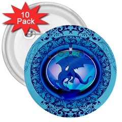 The Blue Dragpn On A Round Button With Floral Elements 3  Buttons (10 Pack)  by FantasyWorld7