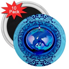 The Blue Dragpn On A Round Button With Floral Elements 3  Magnets (10 Pack) 