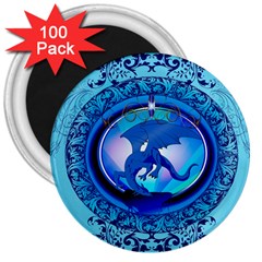 The Blue Dragpn On A Round Button With Floral Elements 3  Magnets (100 Pack) by FantasyWorld7