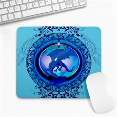 The Blue Dragpn On A Round Button With Floral Elements Large Mousepads