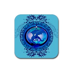 The Blue Dragpn On A Round Button With Floral Elements Rubber Coaster (square) 