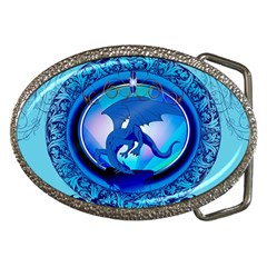 The Blue Dragpn On A Round Button With Floral Elements Belt Buckles