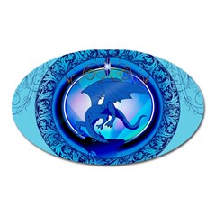 The Blue Dragpn On A Round Button With Floral Elements Oval Magnet