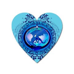 The Blue Dragpn On A Round Button With Floral Elements Heart Magnet by FantasyWorld7