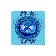 The Blue Dragpn On A Round Button With Floral Elements Square Magnet