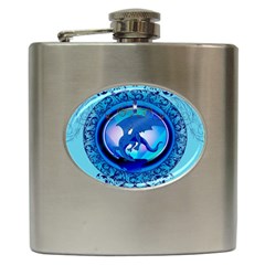 The Blue Dragpn On A Round Button With Floral Elements Hip Flask (6 Oz) by FantasyWorld7