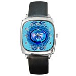 The Blue Dragpn On A Round Button With Floral Elements Square Metal Watch Front