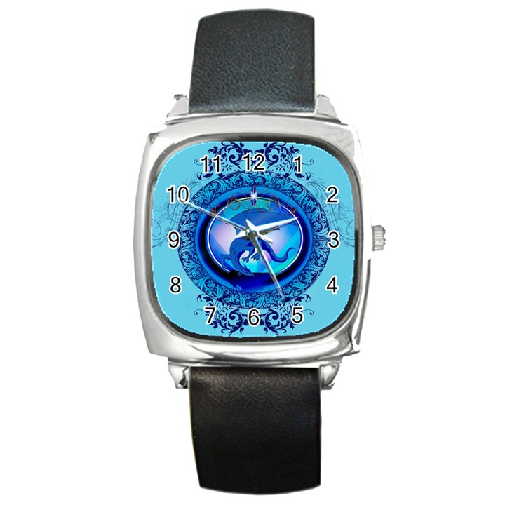 The Blue Dragpn On A Round Button With Floral Elements Square Metal Watch