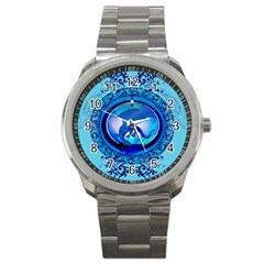 The Blue Dragpn On A Round Button With Floral Elements Sport Metal Watch