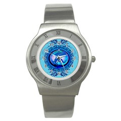 The Blue Dragpn On A Round Button With Floral Elements Stainless Steel Watch