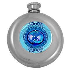 The Blue Dragpn On A Round Button With Floral Elements Round Hip Flask (5 Oz) by FantasyWorld7