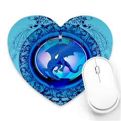 The Blue Dragpn On A Round Button With Floral Elements Heart Mousepads by FantasyWorld7