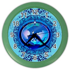 The Blue Dragpn On A Round Button With Floral Elements Color Wall Clocks