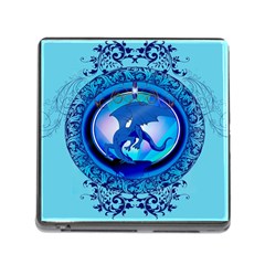 The Blue Dragpn On A Round Button With Floral Elements Memory Card Reader (square)