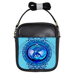 The Blue Dragpn On A Round Button With Floral Elements Girls Sling Bags