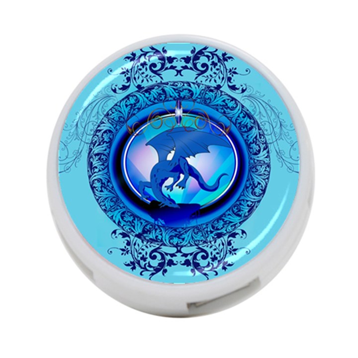 The Blue Dragpn On A Round Button With Floral Elements 4-Port USB Hub (One Side)