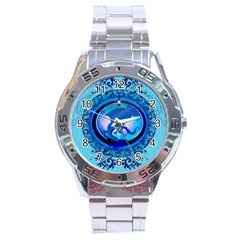 The Blue Dragpn On A Round Button With Floral Elements Stainless Steel Analogue Watch