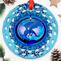 The Blue Dragpn On A Round Button With Floral Elements Ornament (round Filigree) 