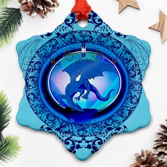 The Blue Dragpn On A Round Button With Floral Elements Snowflake Ornament (2-side) by FantasyWorld7