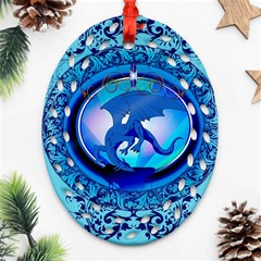 The Blue Dragpn On A Round Button With Floral Elements Ornament (oval Filigree)  by FantasyWorld7