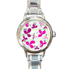 Magenta Floral Pattern Round Italian Charm Watch