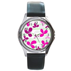 Magenta Floral Pattern Round Metal Watch by Valentinaart