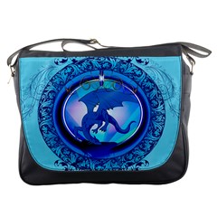 The Blue Dragpn On A Round Button With Floral Elements Messenger Bags