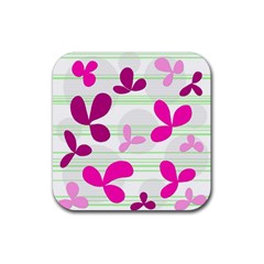 Magenta Floral Pattern Rubber Coaster (square)  by Valentinaart