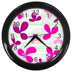 Magenta Floral Pattern Wall Clocks (black) by Valentinaart