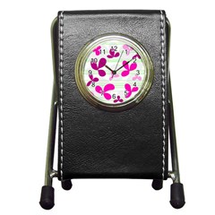 Magenta Floral Pattern Pen Holder Desk Clocks