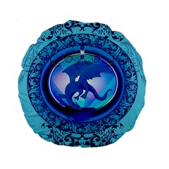 The Blue Dragpn On A Round Button With Floral Elements Standard 15  Premium Round Cushions by FantasyWorld7