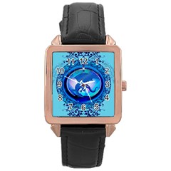 The Blue Dragpn On A Round Button With Floral Elements Rose Gold Leather Watch  by FantasyWorld7