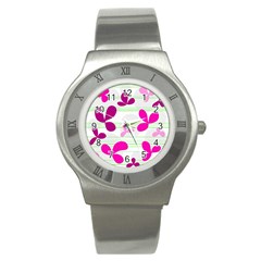 Magenta Floral Pattern Stainless Steel Watch