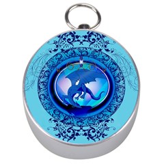 The Blue Dragpn On A Round Button With Floral Elements Silver Compasses