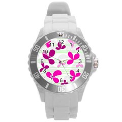 Magenta Floral Pattern Round Plastic Sport Watch (l)