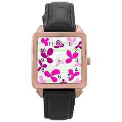 Magenta Floral Pattern Rose Gold Leather Watch 