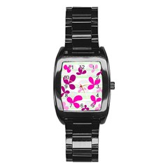 Magenta Floral Pattern Stainless Steel Barrel Watch