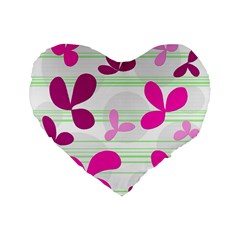 Magenta Floral Pattern Standard 16  Premium Flano Heart Shape Cushions