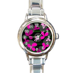 Magenta Floral Design Round Italian Charm Watch