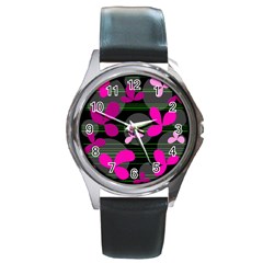 Magenta Floral Design Round Metal Watch