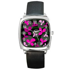 Magenta Floral Design Square Metal Watch by Valentinaart