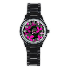 Magenta Floral Design Stainless Steel Round Watch