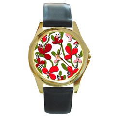 Floral Tree Round Gold Metal Watch by Valentinaart