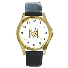 M Monogram Initial Letter M Golden Chic Stylish Typography Gold Round Gold Metal Watch