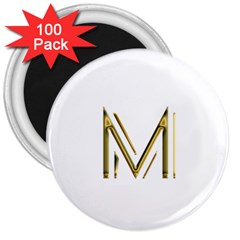 M Monogram Initial Letter M Golden Chic Stylish Typography Gold 3  Magnets (100 Pack)