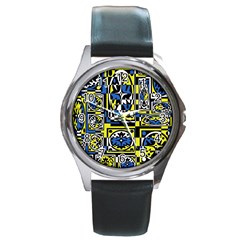 Blue And Yellow Decor Round Metal Watch